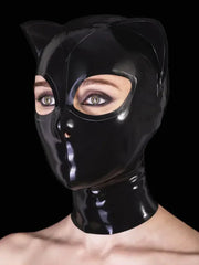 Black Cat Ear Latex Hood with Eye Openings