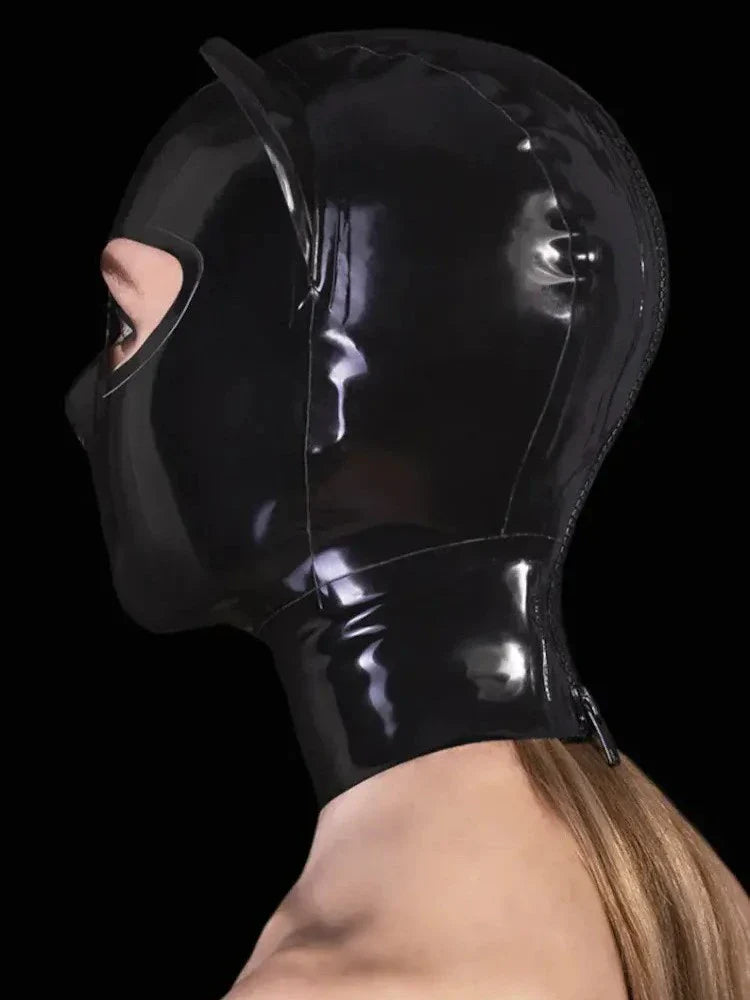 Black Cat Ear Latex Hood with Eye Openings