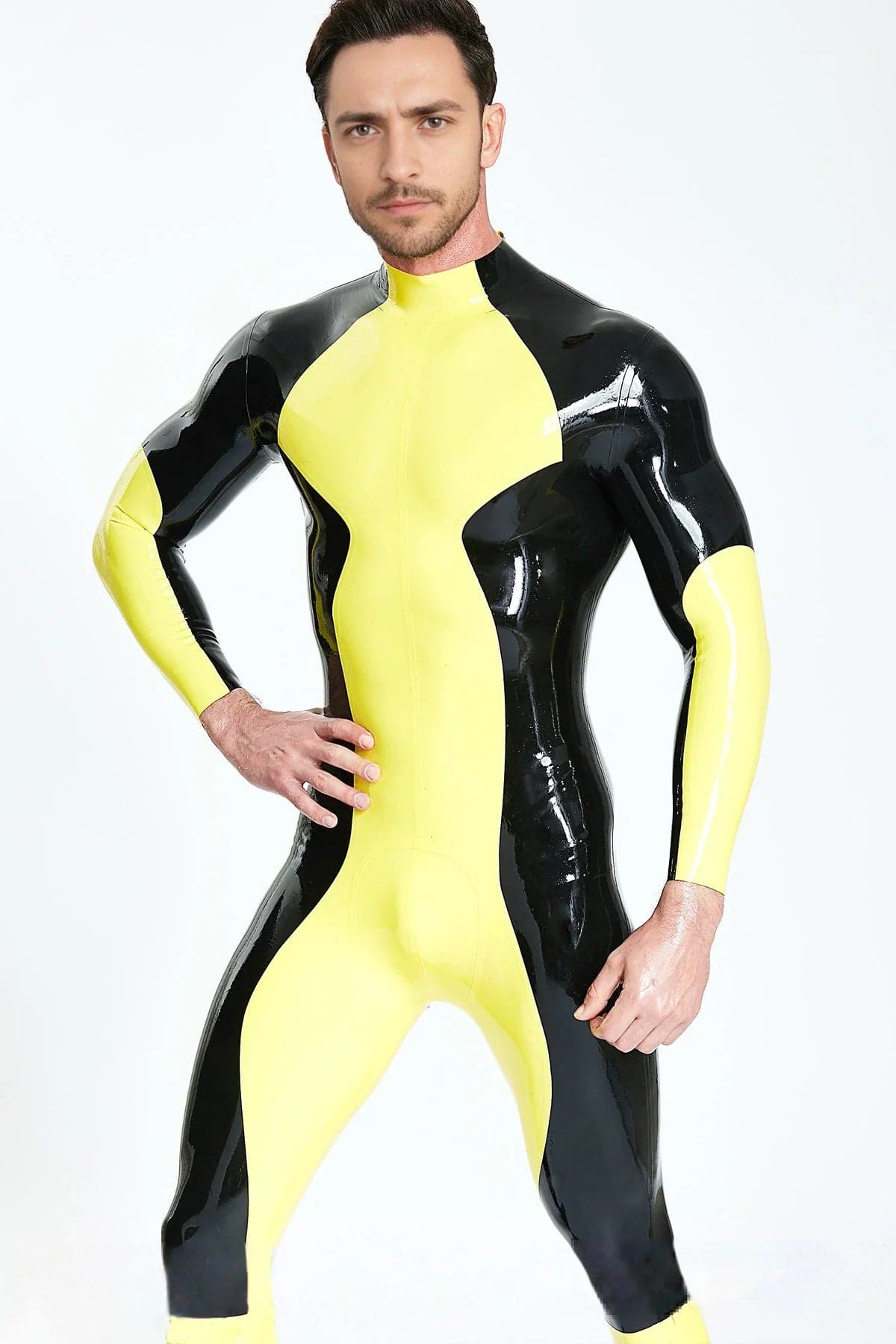 Mannelijke zigzag latex catsuit