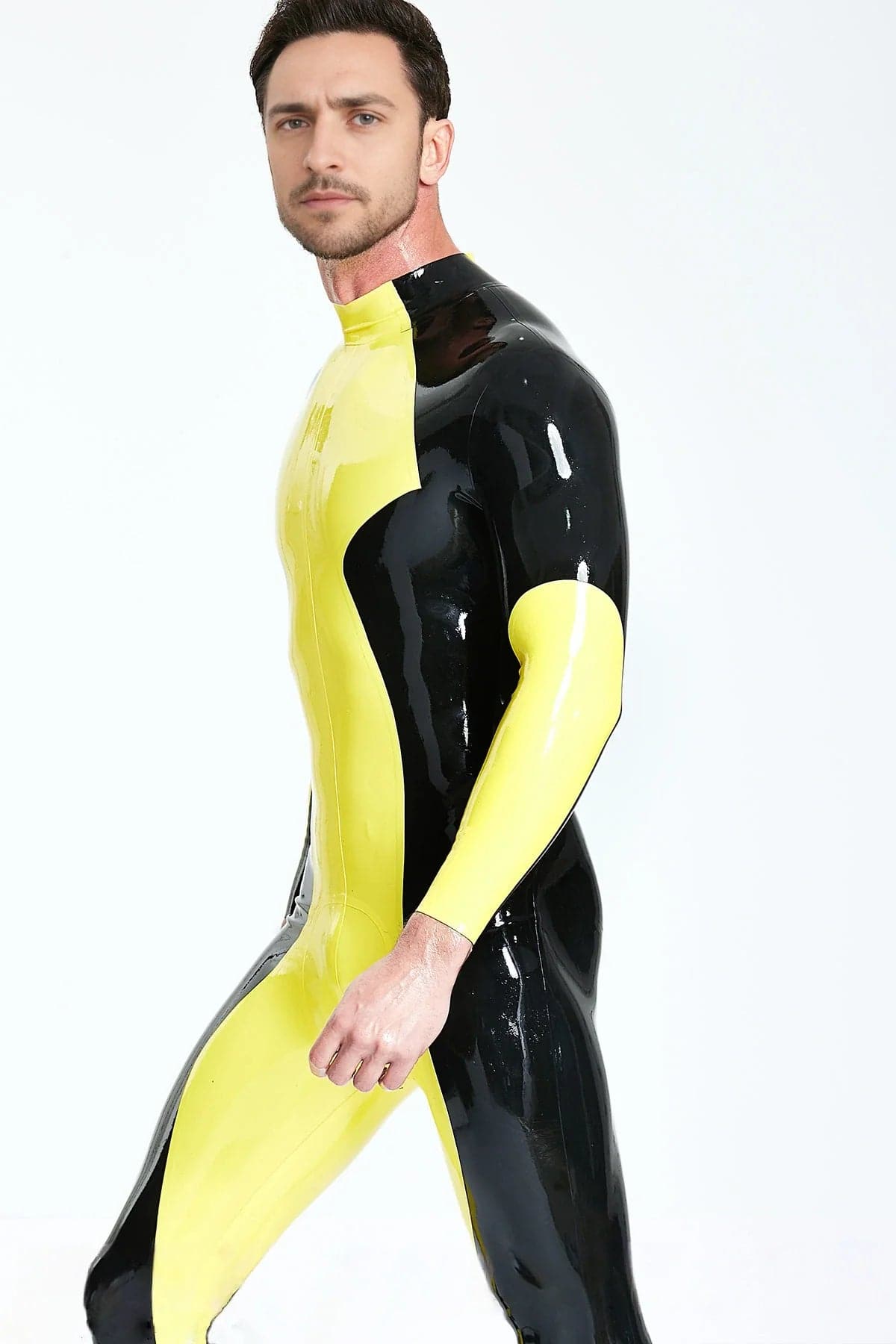 Mannelijke zigzag latex catsuit