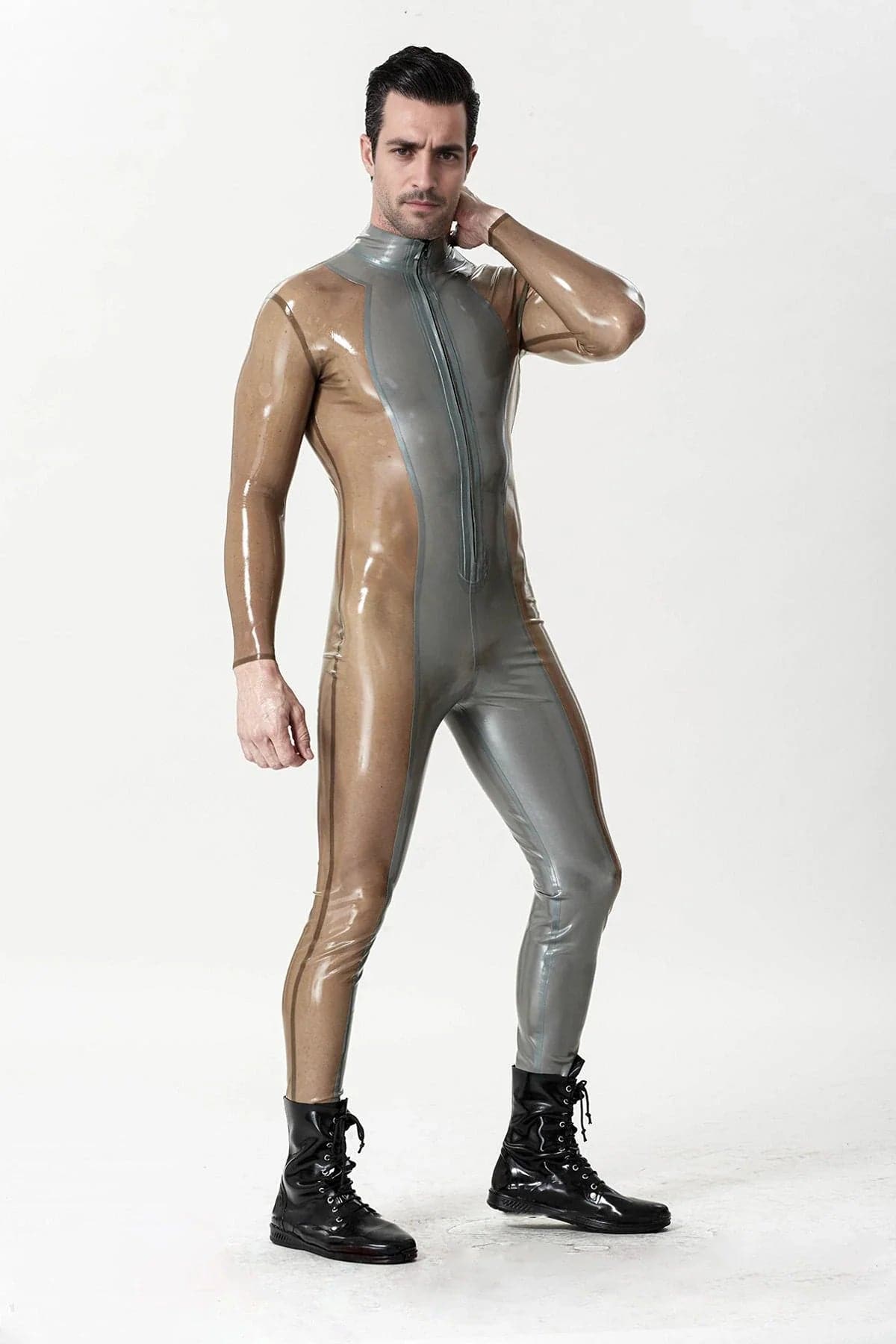 Male Silver Sleek Front-zip Catsuit