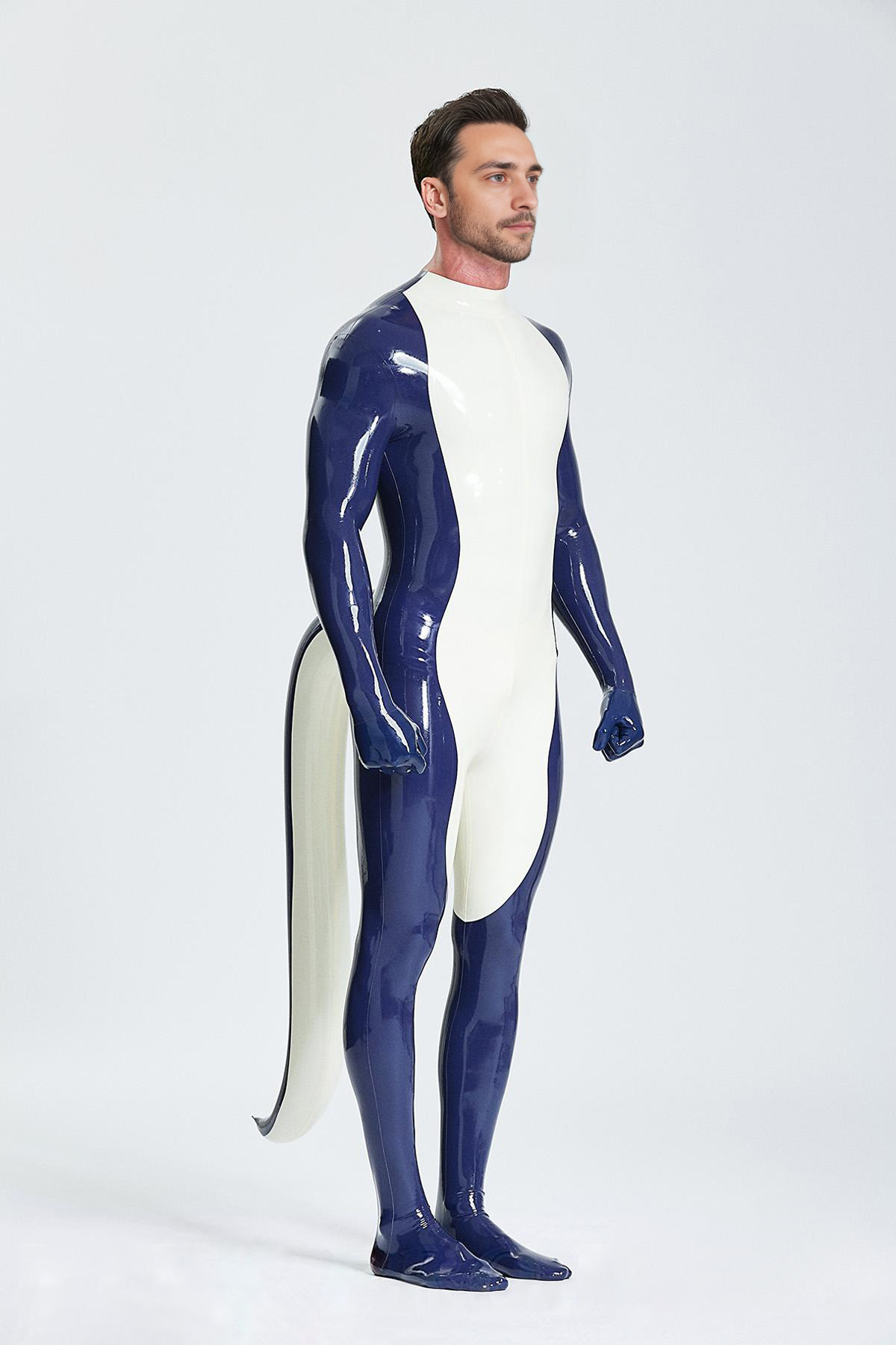 Perfekter Catsuit mit aufgeblasenem Schwanz für Männer mit Füßen und Handschuhen