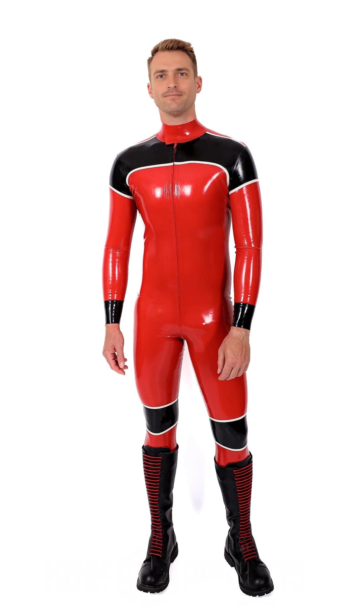 Mannelijke Orbiton latex catsuit met rits aan de voorkant