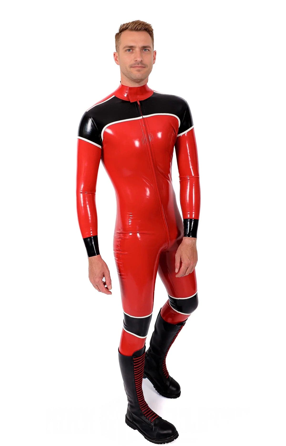 Mannelijke Orbiton latex catsuit met rits aan de voorkant