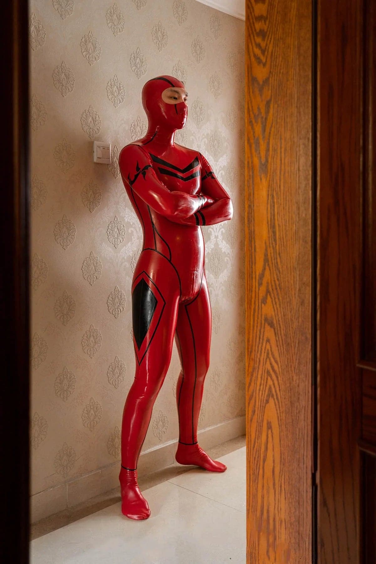 Male Red Ninja Latex Catsuit