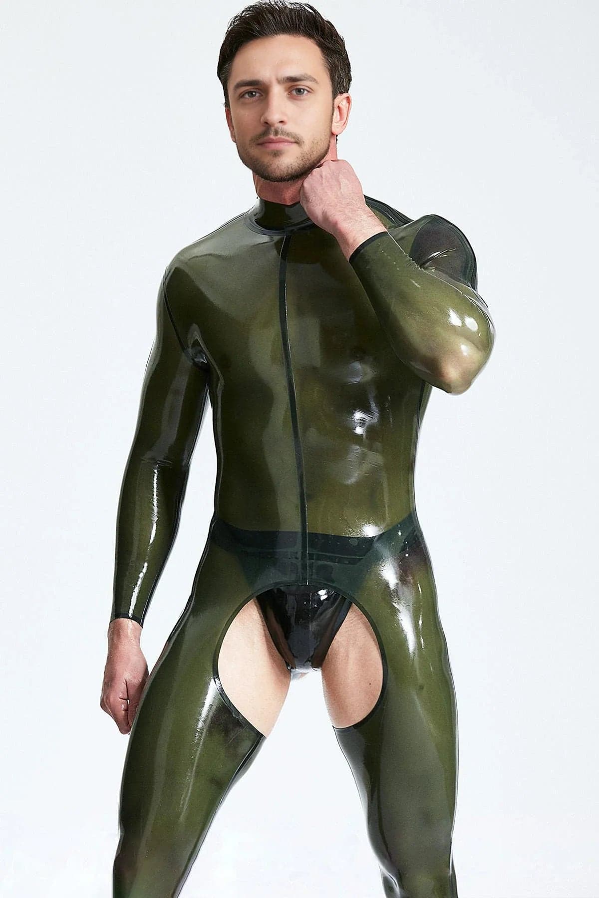 Catsuit met doorschijnende chaps-look voor mannen met schouderrits