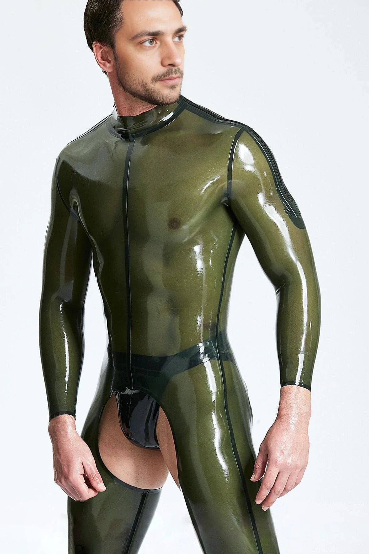 Male Translucent Chaps Look Shoulder-zip Catsuit