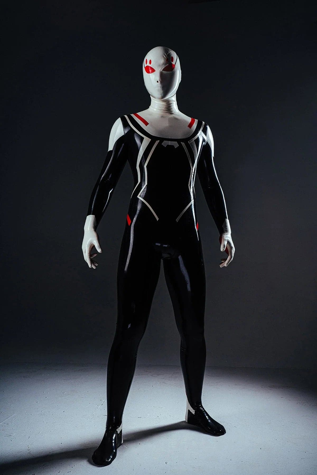 Mannelijke withoofdige Spidey latex kostuum Catsuit