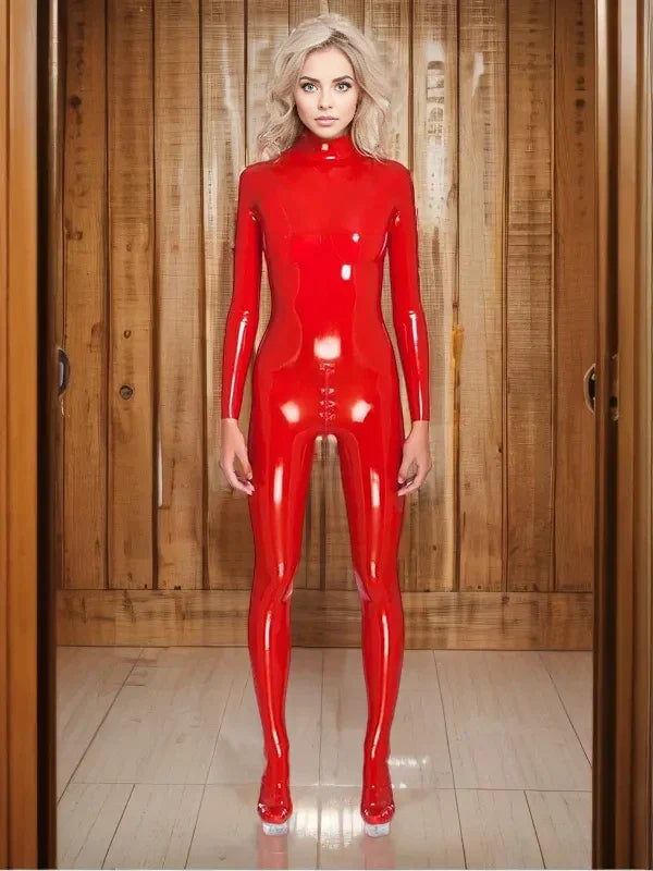 Latex catsuit with cups and closed feet