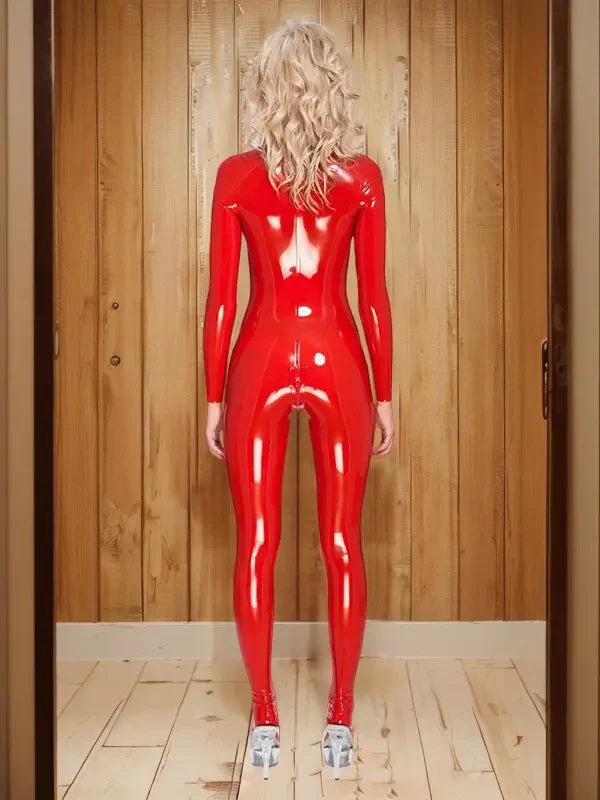 Latex catsuit with cups and closed feet