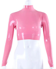 Pink Long-Sleeve Latex Crop Top