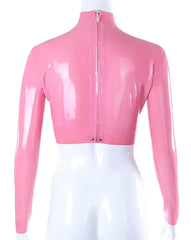 Pink Long-Sleeve Latex Crop Top