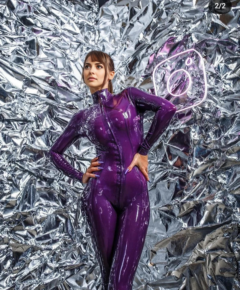 Purple Glossy Latex Catsuit - High Neck with Front Zipper