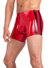 Red Latex Men's Shorts with Black Stripe Detailing