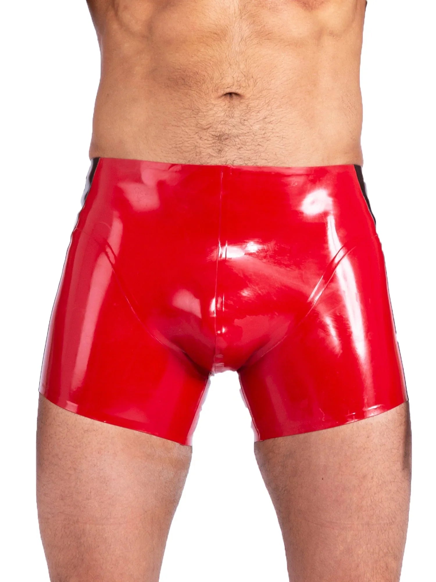 Red Latex Men's Shorts with Black Stripe Detailing