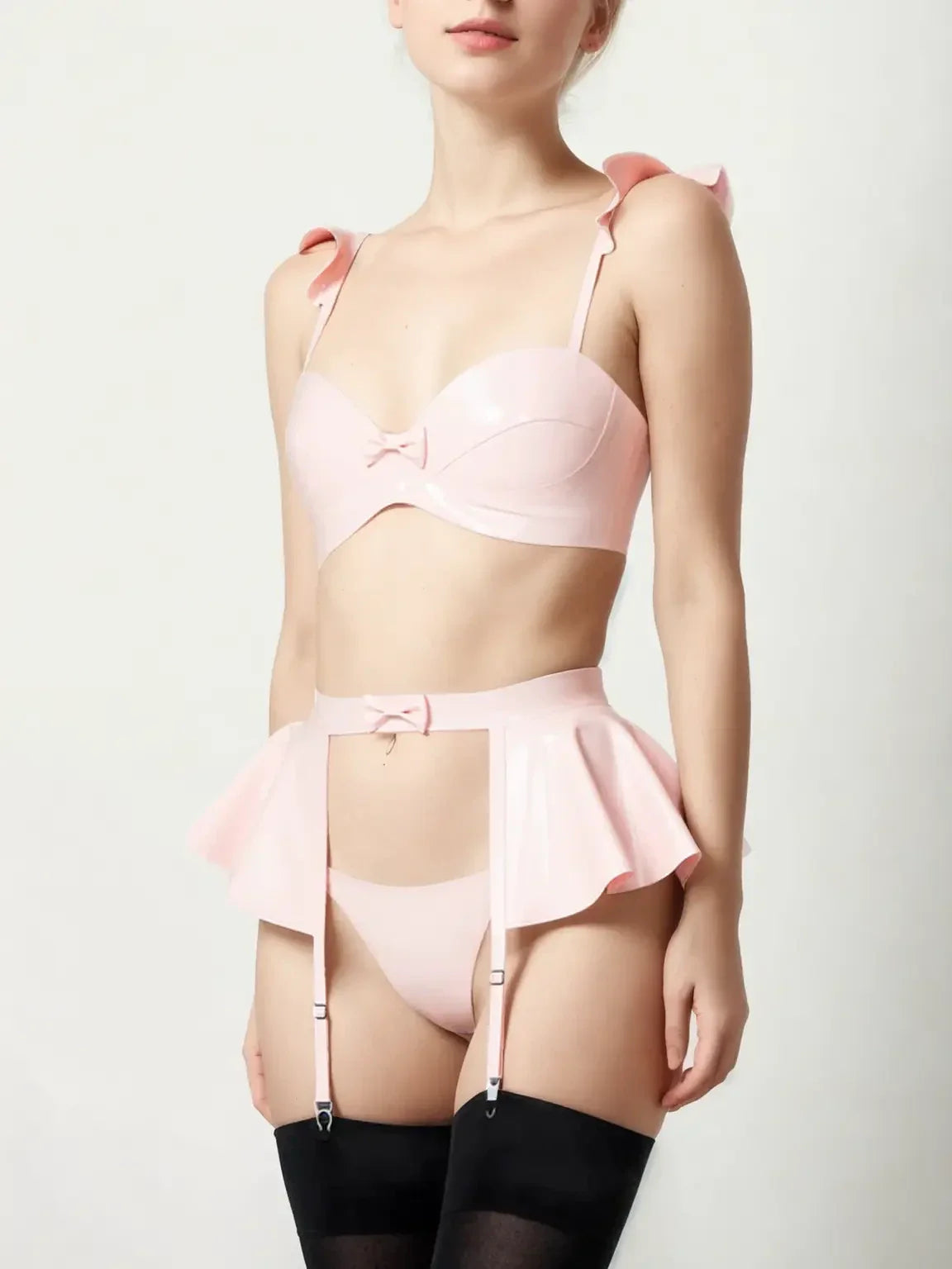 Pink Latex Lingerie Set with Ruffle Garter Belt