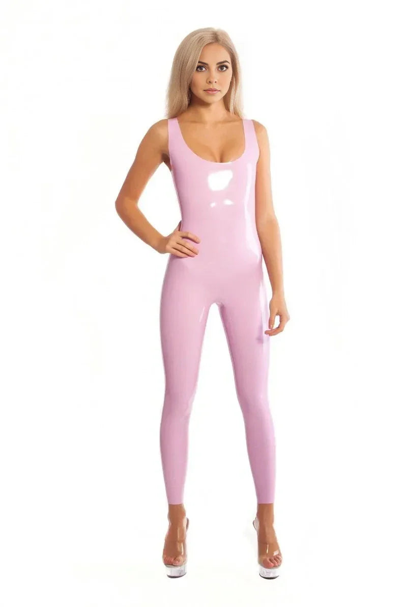 Pink Latex Women's Catsuit with Sleeveless Design