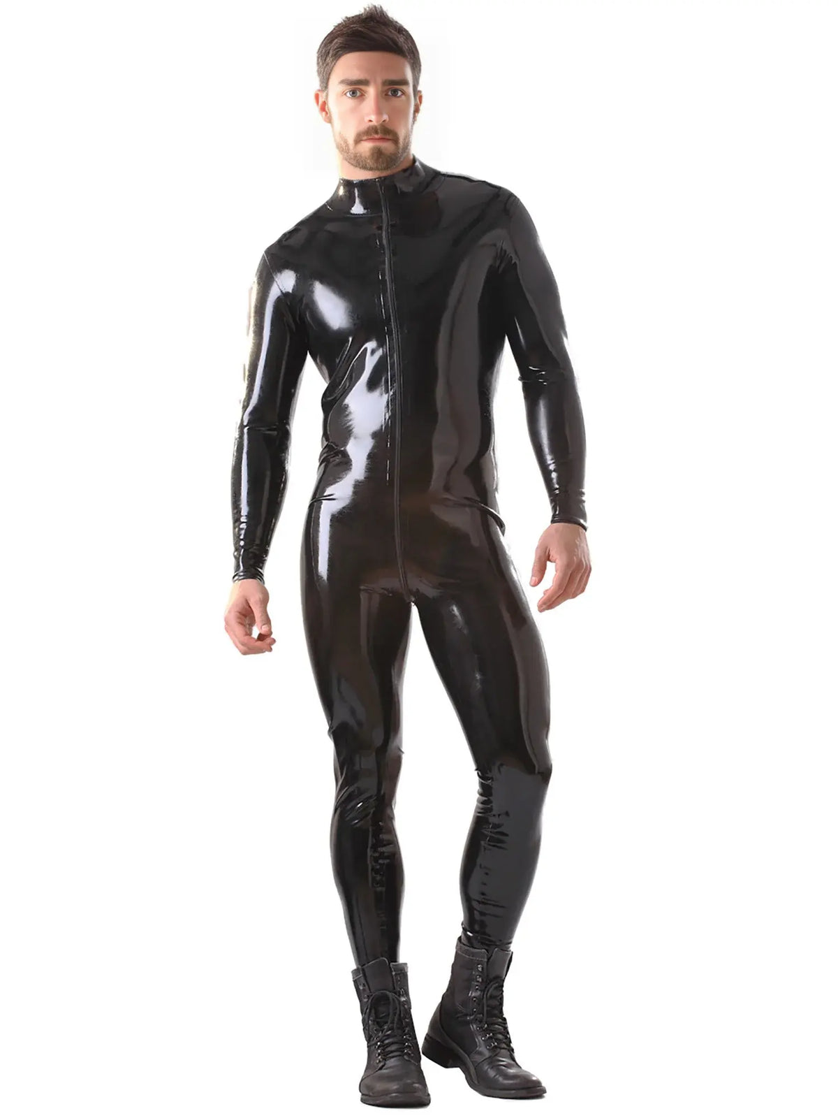 Black High-Neck Full-Length Latex Catsuit for Men