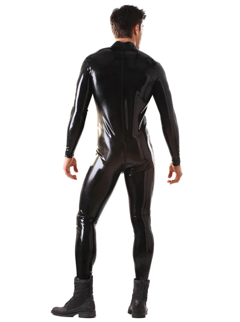 Black High-Neck Full-Length Latex Catsuit for Men