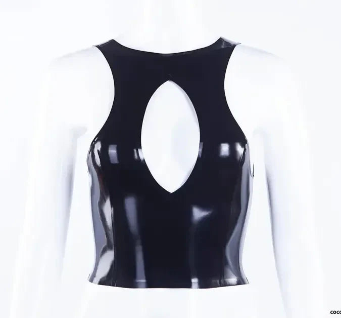 Black Latex Cutout Crop Top with High Gloss Finish