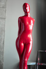 Red Full-Body Latex Catsuit with Hood - Enclosed Design