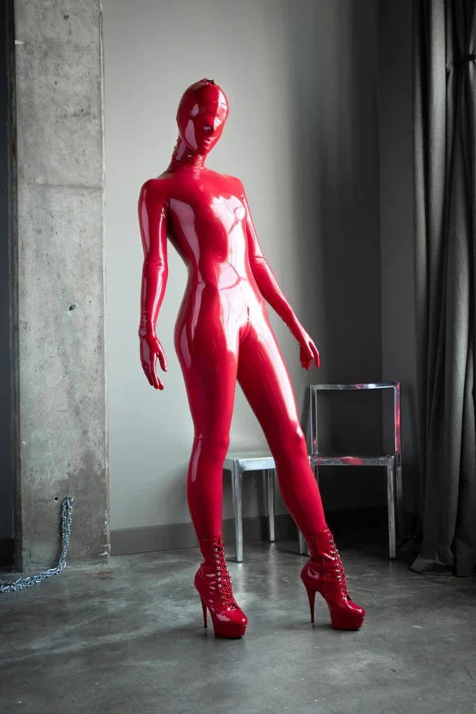 Red Full-Body Latex Catsuit with Hood - Enclosed Design