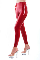 Bright Red Latex Leggings with a High-Gloss Finish