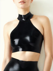 High-Neck Black Latex Crop Top with Gloss Finish