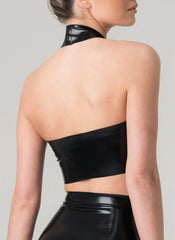 High-Neck Black Latex Crop Top with Gloss Finish