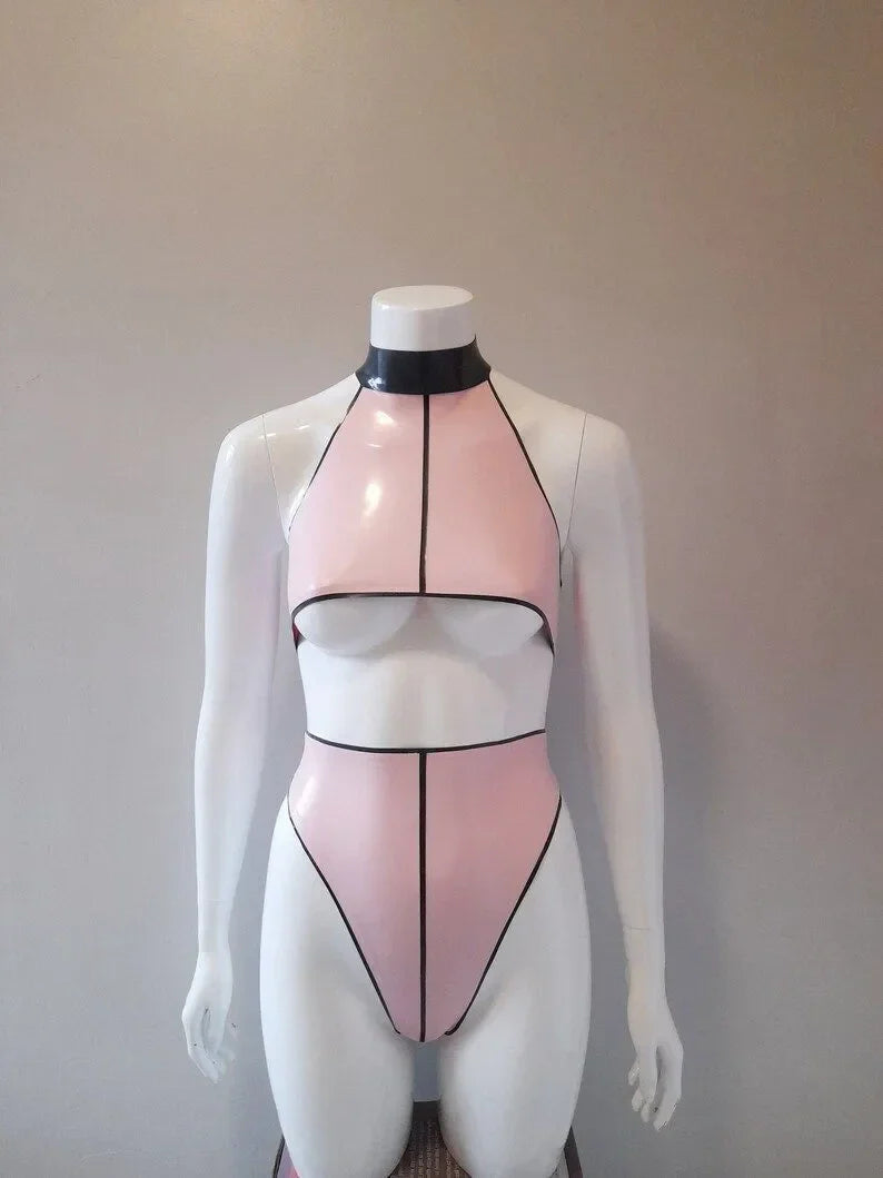 Pink Latex Two-Piece Set with Black Trim