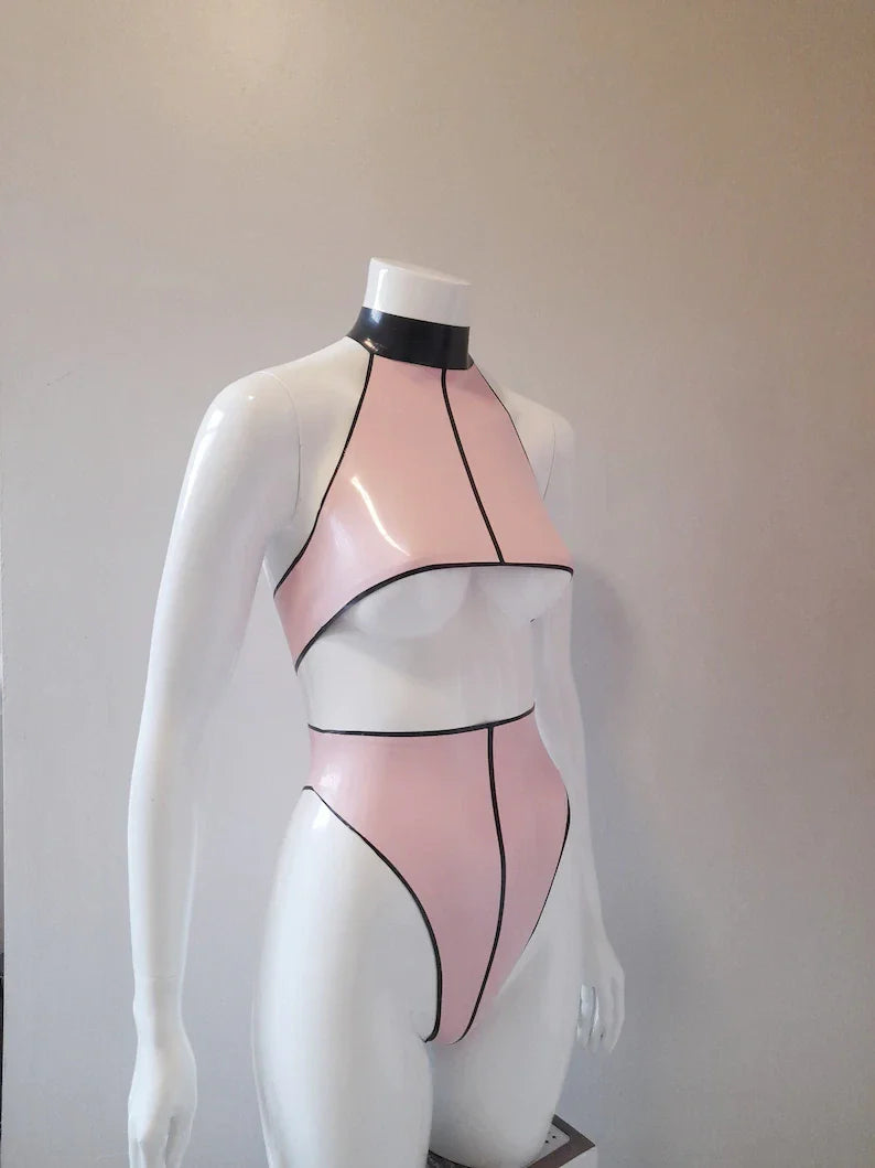 Pink Latex Two-Piece Set with Black Trim