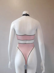 Pink Latex Two-Piece Set with Black Trim