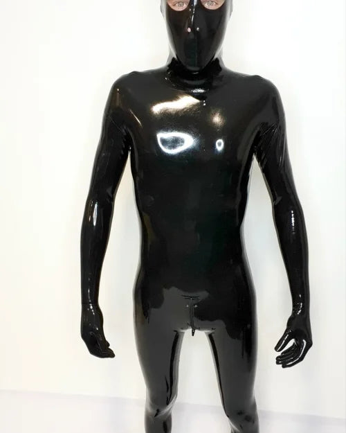 Full Black Latex Catsuit with Integrated Hood