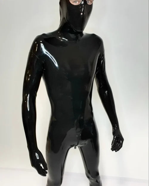 Full Black Latex Catsuit with Integrated Hood