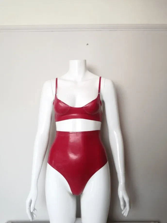 Red Latex Bra with High-Waist Panty Set