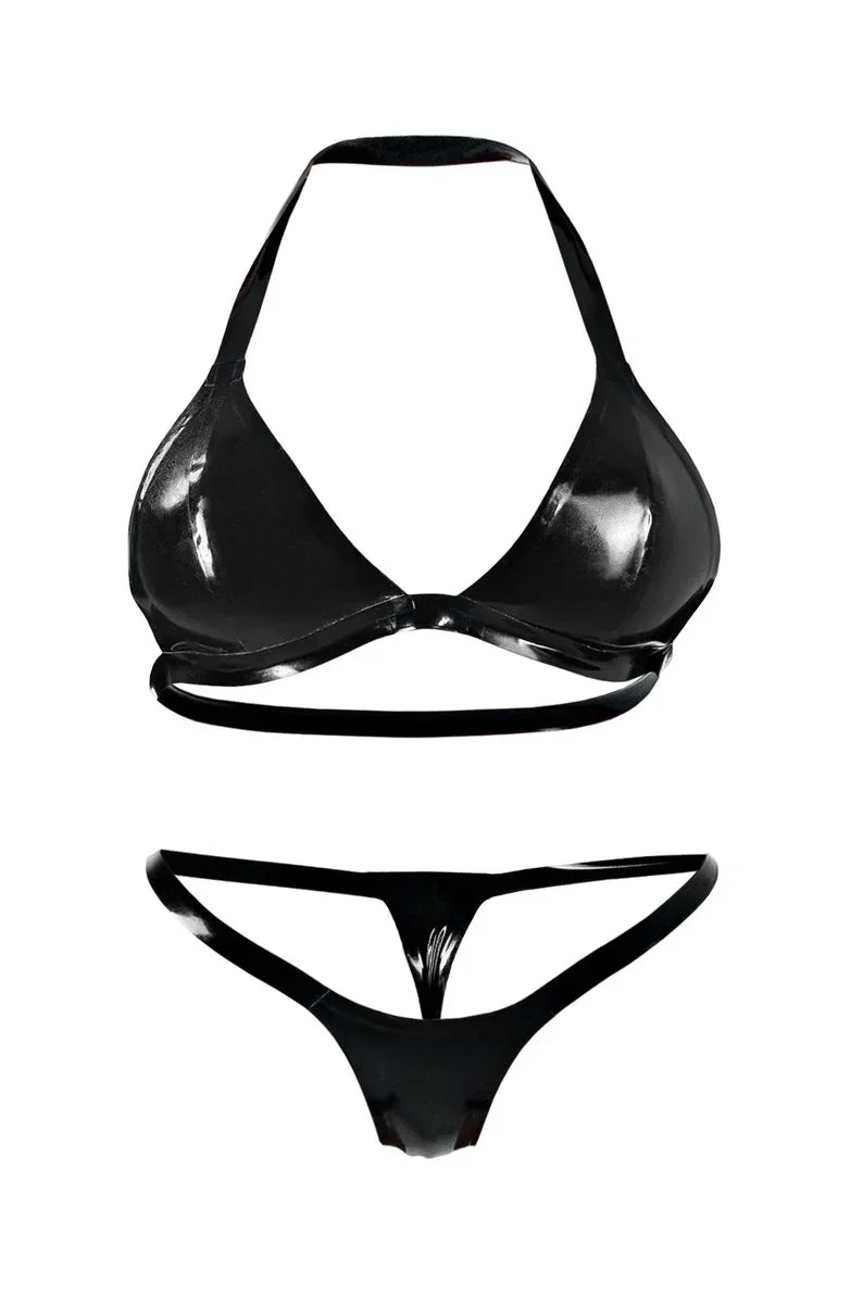 Black Latex Bikini Set with Glossy Finish