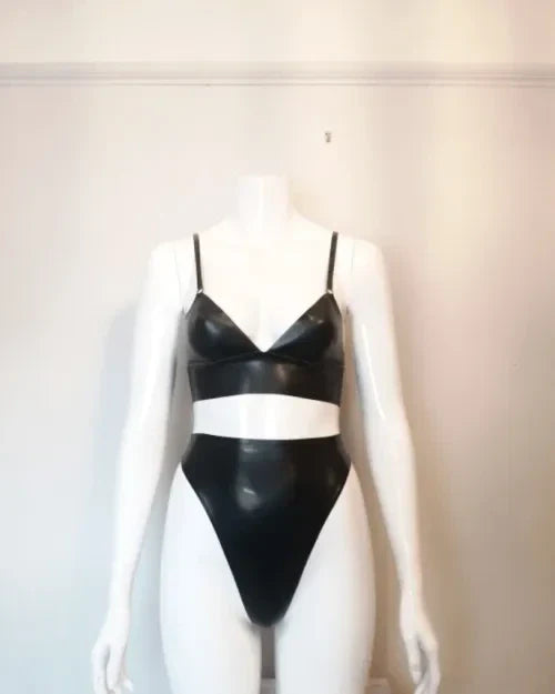 Black Latex Bra and High-Waisted Panty Set