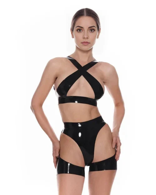 Black Cross-Strap Latex Lingerie Set