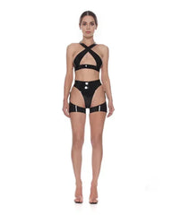 Black Cross-Strap Latex Lingerie Set