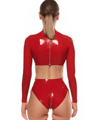 Red High-Neck Latex Top with Glossy Finish