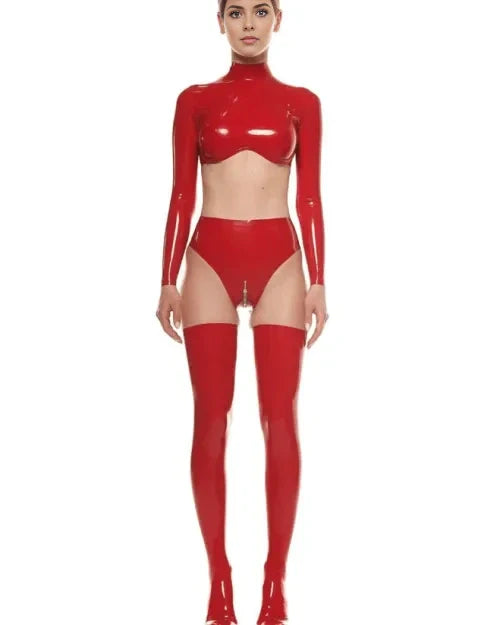 Red High-Neck Latex Top with Glossy Finish