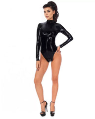 Black Latex Women's Bodysuit with Long Sleeves