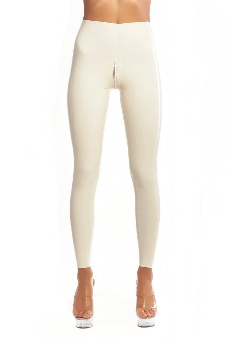 Classic White Latex Leggings with Front Zipper