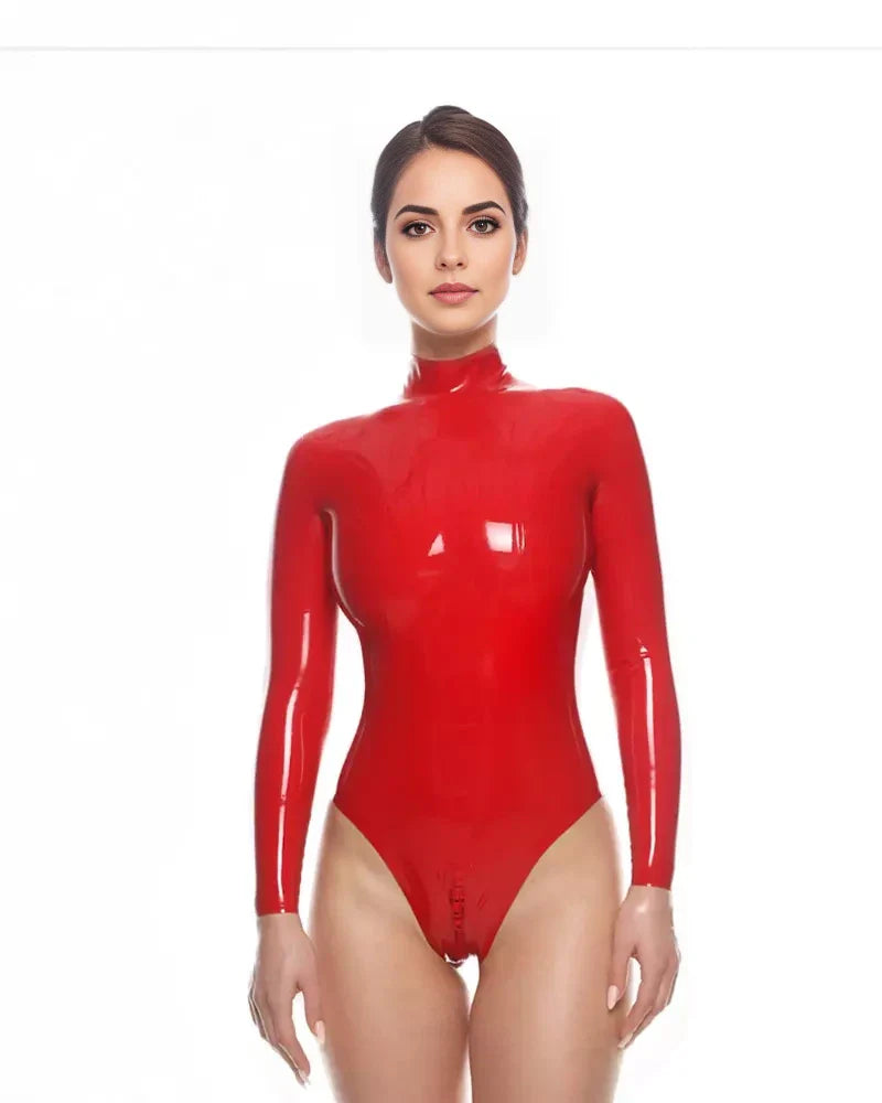 Red Latex Women's Bodysuit with Long Sleeves