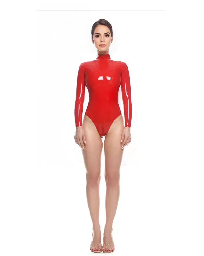 Red Latex Women's Bodysuit with Long Sleeves