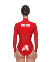 Red Latex Women's Bodysuit with Long Sleeves