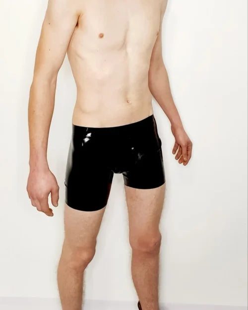 Black Latex Men's Shorts with Front Zipper Detail