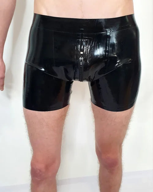 Black Latex Men's Shorts with Front Zipper Detail