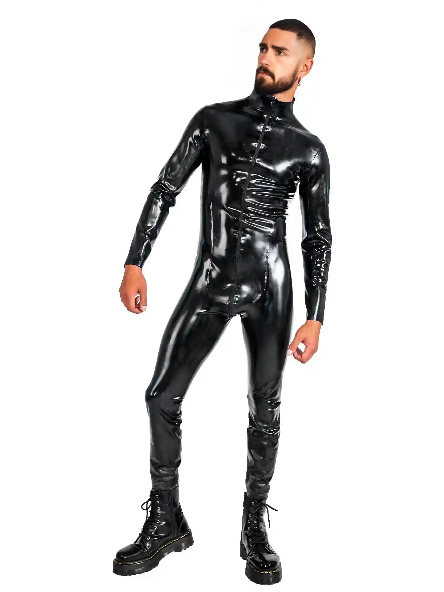 Black Glossy Latex Men's Catsuit with High Neck and Front Zip