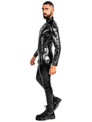 Black Glossy Latex Men's Catsuit with High Neck and Front Zip